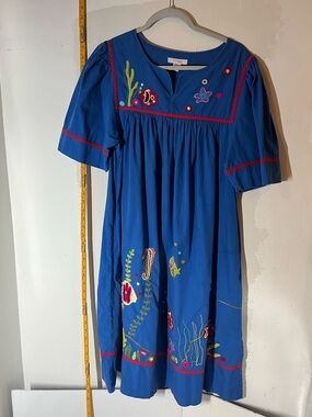 Vintage Go Softly Patio house lounge dress blue aquarium embroidery in VGUC